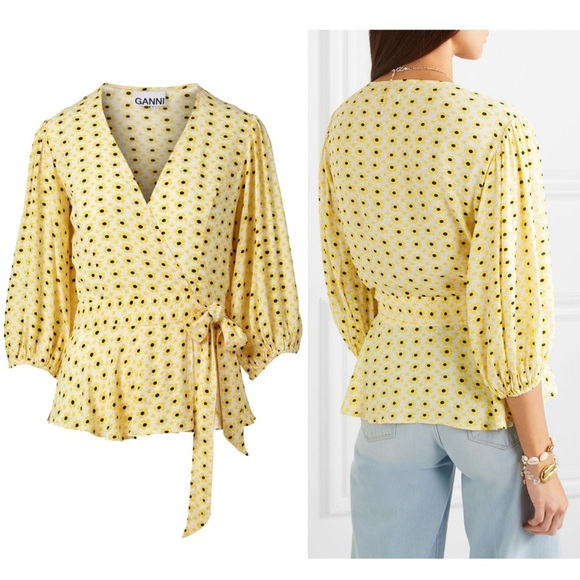 GANNI Daisy Print Crepe Puff Sleeve V-Neck Tie Waist Ruffle Peplum Wrap Top S - Picture 9 of 10